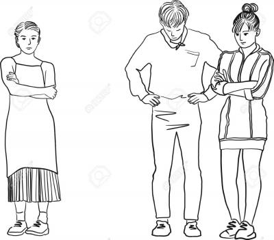 87287243 dessin d 39 un homme entre deux femmes jeunes femmes tristes debout avec les bras croises triangle amo banque d images